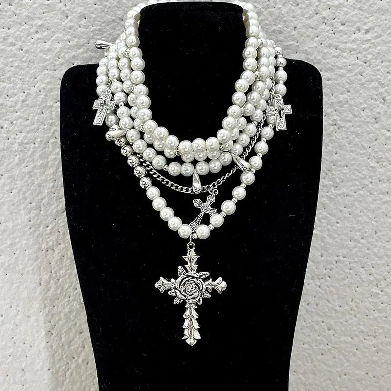 Goth Fashion Rose Cross Imitation Pearl Beadd Pendant Necklace for Women Cool Charm Aesthetic Accessories Vintage Luxury Jewelry - So ist Leben