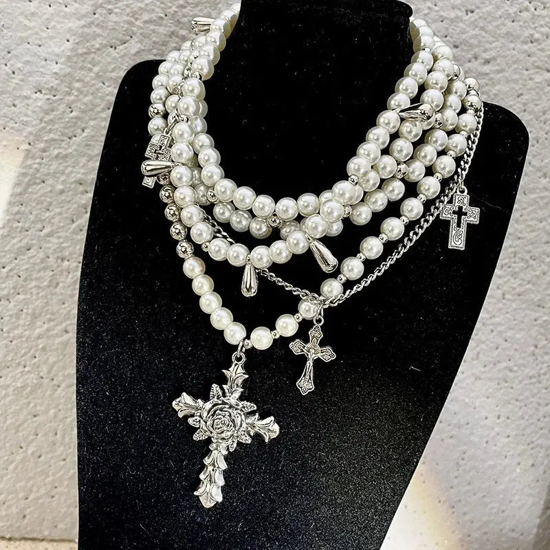 Goth Fashion Rose Cross Imitation Pearl Beadd Pendant Necklace for Women Cool Charm Aesthetic Accessories Vintage Luxury Jewelry - So ist Leben