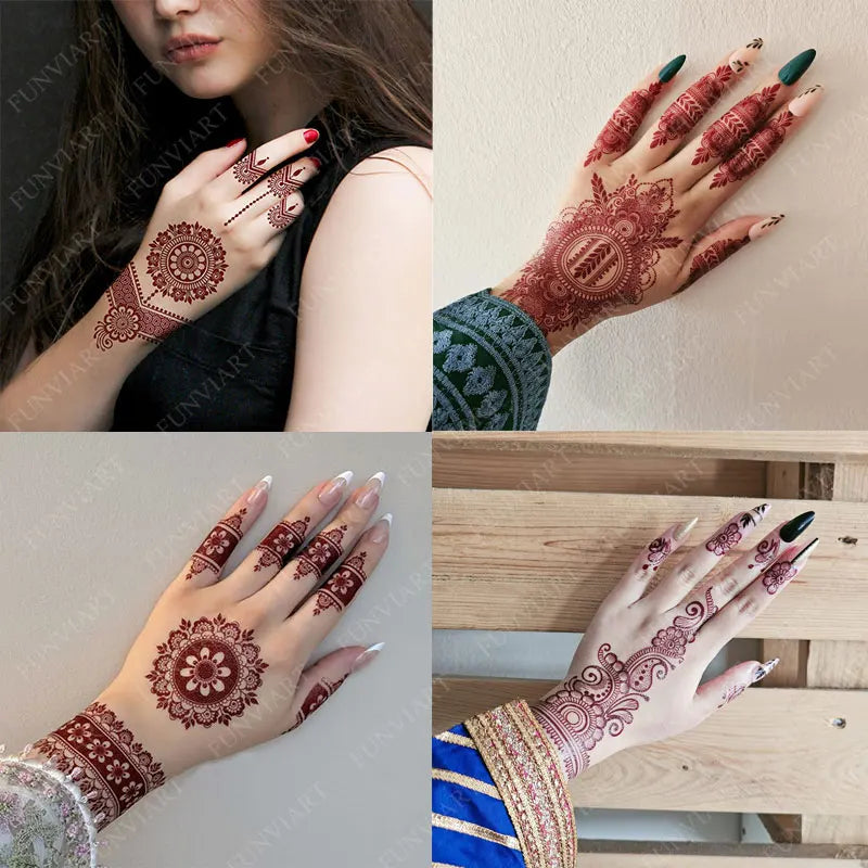 10 Teile/satz Kastanienbraun Farbe Henna Tattoo Aufkleber für Hand Braun Rot Henna Tattoos für Frauen Wasserdicht Temporäre Mehndi Fake Tattoo So ist Leben