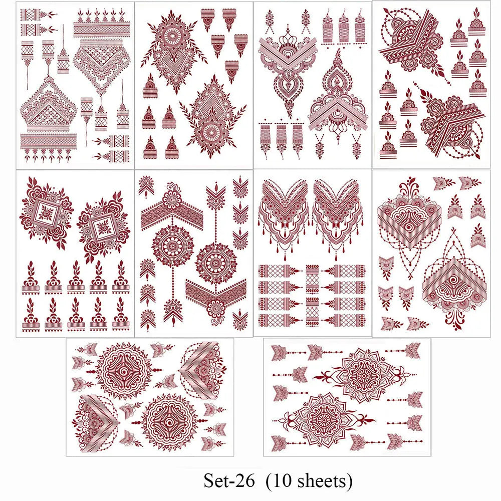 10 Teile/satz Kastanienbraun Farbe Henna Tattoo Aufkleber für Hand Braun Rot Henna Tattoos für Frauen Wasserdicht Temporäre Mehndi Fake Tattoo So ist Leben