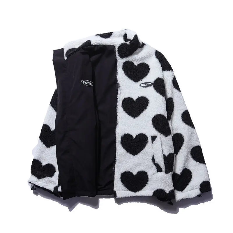 Frauen doppelseitige Lammfell Plüsch Mantel Paar lose Herz druck Liebe gepolsterte Jacken lässig Reiß verschluss Winter Stehkragen Outwear So ist Leben