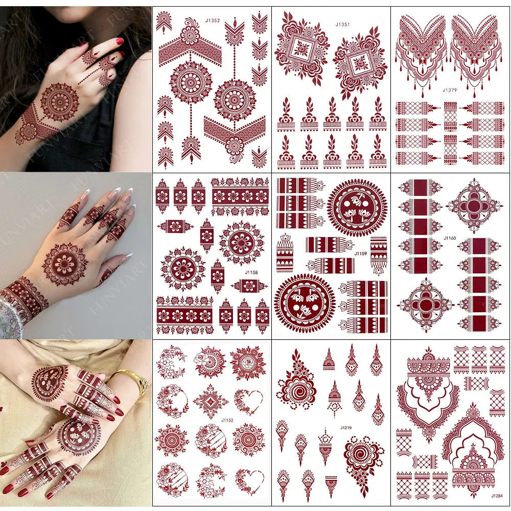 10 Teile/satz Kastanienbraun Farbe Henna Tattoo Aufkleber für Hand Braun Rot Henna Tattoos für Frauen Wasserdicht Temporäre Mehndi Fake Tattoo So ist Leben
