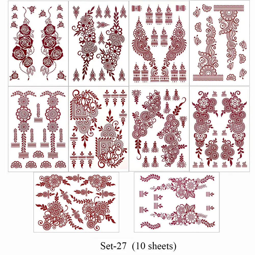 10 Teile/satz Kastanienbraun Farbe Henna Tattoo Aufkleber für Hand Braun Rot Henna Tattoos für Frauen Wasserdicht Temporäre Mehndi Fake Tattoo So ist Leben