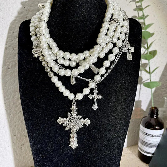 Goth Fashion Rose Cross Imitation Pearl Beadd Pendant Necklace for Women Cool Charm Aesthetic Accessories Vintage Luxury Jewelry - So ist Leben