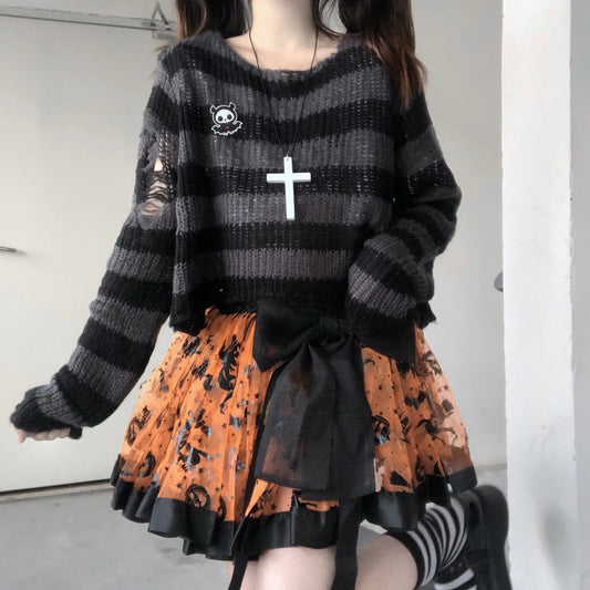 Karrram Rosa Gestreifte Gothic Pullover Frauen Zerrissene Löcher Lose Gestrickte Pullover Ausgefranste Fee Grunge Jumper Emo Streetwear Lolita So ist Leben
