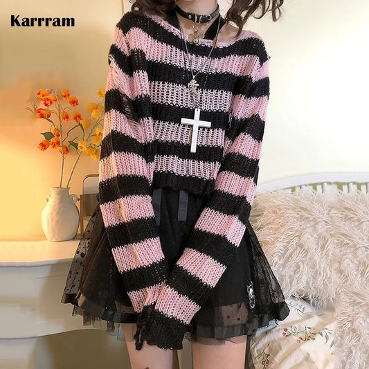 Karrram Rosa Gestreifte Gothic Pullover Frauen Zerrissene Löcher Lose Gestrickte Pullover Ausgefranste Fee Grunge Jumper Emo Streetwear Lolita So ist Leben