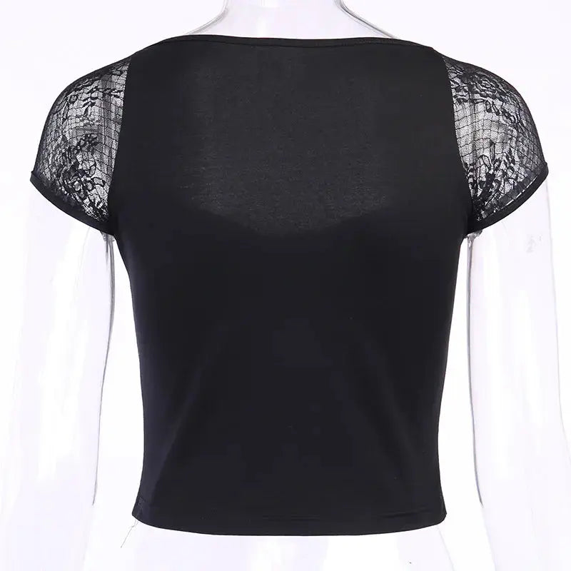 Vintage Tops Goth T-shirt Women Bodycon Bandage Lace Black T-shirts Gothic Streetwear Sexy Female Top Casual Mesh Tee - So ist Leben