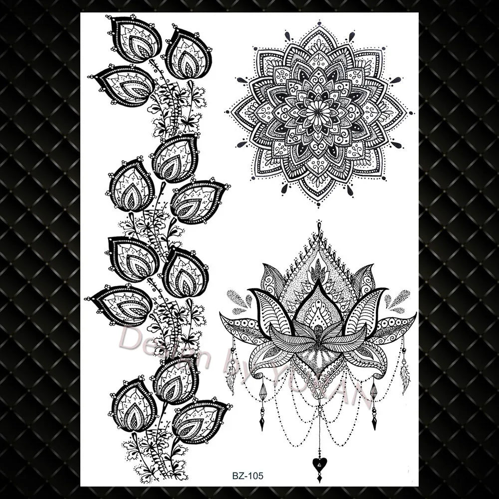 YURAN Mode Schwarz Ketten Handgelenk Henna Blume Gefälschte Tattoos Aufkleber Wasserdicht Mandala Flora Tattoo Temporäre Frauen Arm 3D Tatto So ist Leben