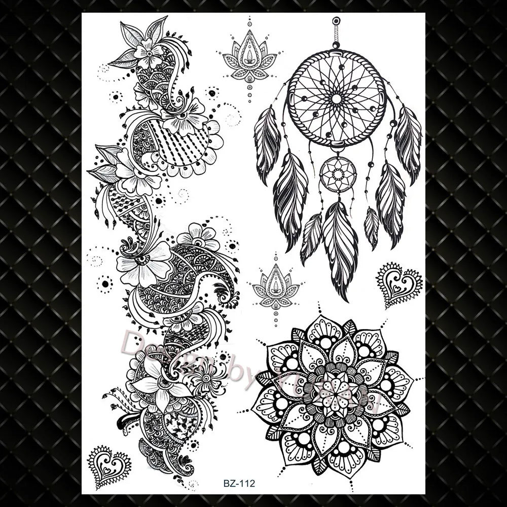 YURAN Mode Schwarz Ketten Handgelenk Henna Blume Gefälschte Tattoos Aufkleber Wasserdicht Mandala Flora Tattoo Temporäre Frauen Arm 3D Tatto So ist Leben
