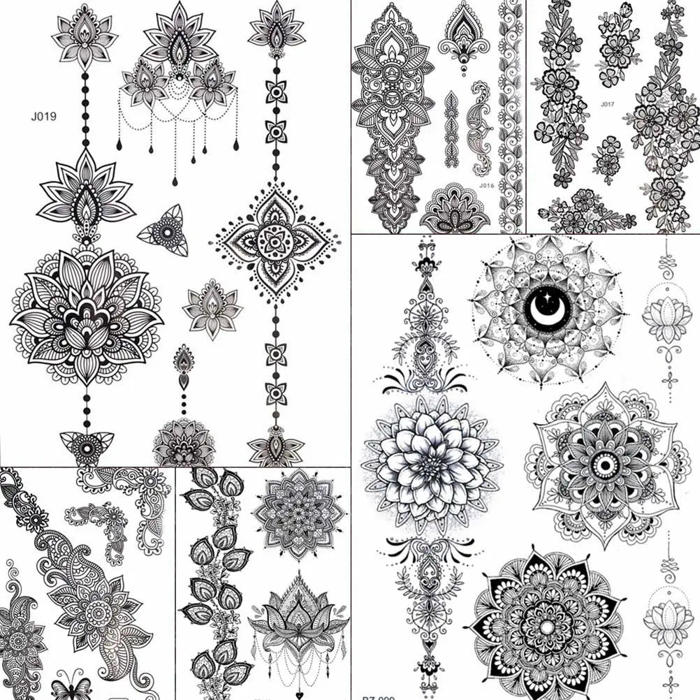 YURAN Mode Schwarz Ketten Handgelenk Henna Blume Gefälschte Tattoos Aufkleber Wasserdicht Mandala Flora Tattoo Temporäre Frauen Arm 3D Tatto So ist Leben