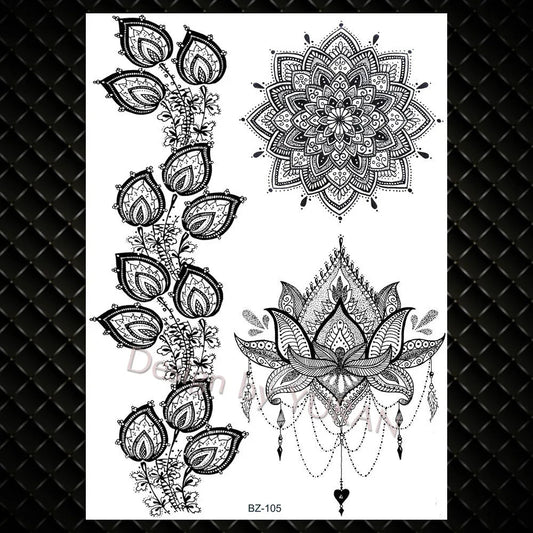 YURAN Mode Schwarz Ketten Handgelenk Henna Blume Gefälschte Tattoos Aufkleber Wasserdicht Mandala Flora Tattoo Temporäre Frauen Arm 3D Tatto So ist Leben