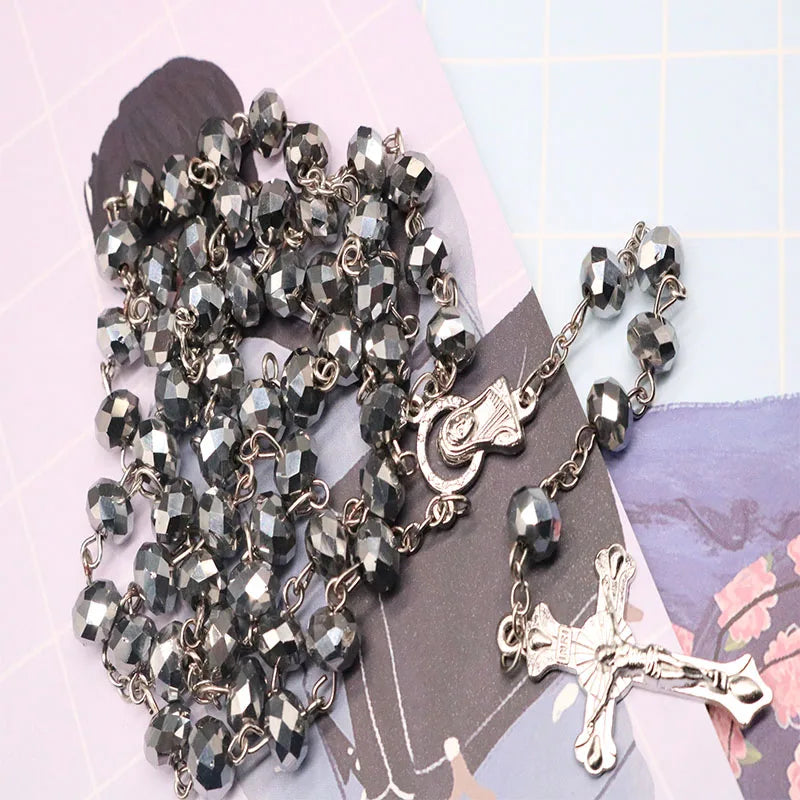 8mm Perlenkristall Rosenkranz Halskette, Charm Rosenkranz Kristall Segen Halskette, Santa Maria Center Kristall Schmuck Halskette So ist Leben