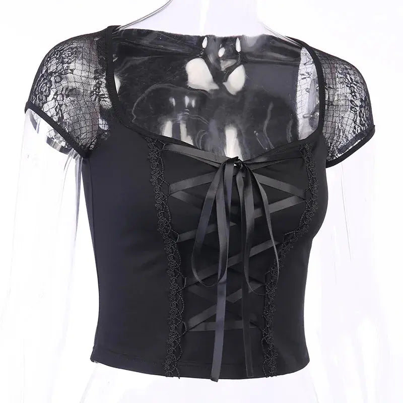 Vintage Tops Goth T-shirt Women Bodycon Bandage Lace Black T-shirts Gothic Streetwear Sexy Female Top Casual Mesh Tee - So ist Leben