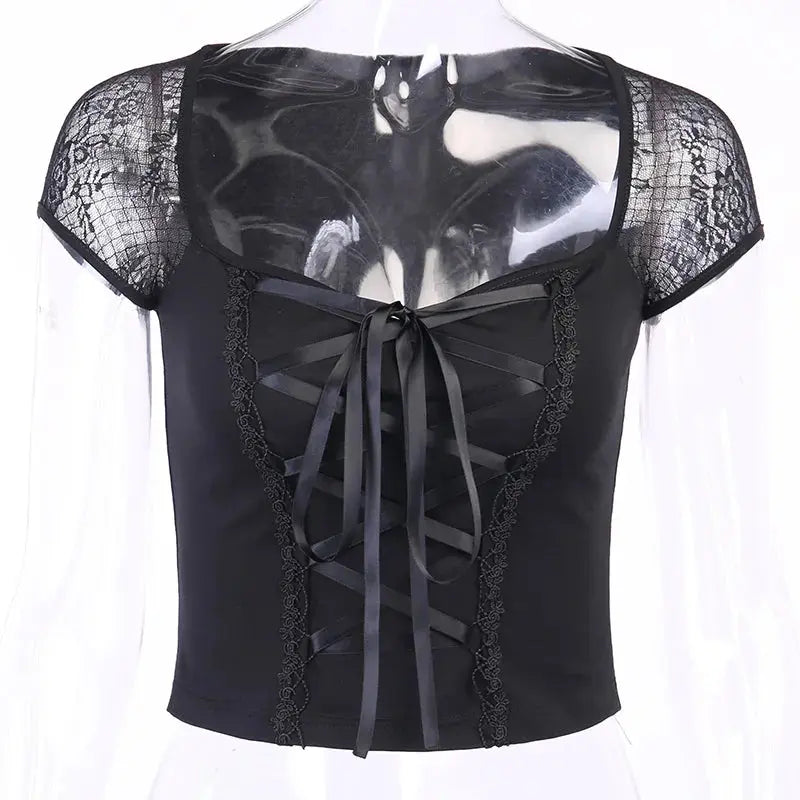 Vintage Tops Goth T-shirt Women Bodycon Bandage Lace Black T-shirts Gothic Streetwear Sexy Female Top Casual Mesh Tee - So ist Leben