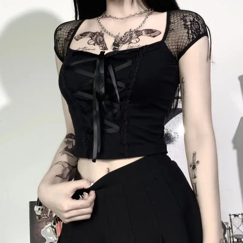 Vintage Tops Goth T-shirt Women Bodycon Bandage Lace Black T-shirts Gothic Streetwear Sexy Female Top Casual Mesh Tee - So ist Leben