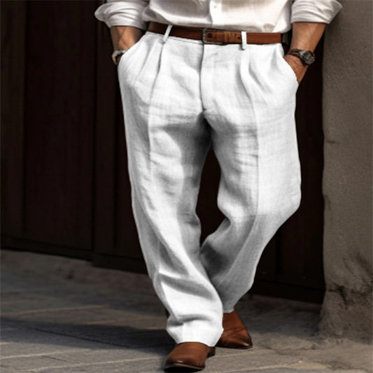 New Men's Linen Trousers Double Pleated Front Pocket Straight Solid Color Comfortable Breathable Casual Daily Vacation Cotton Blend Fashion So ist Leben