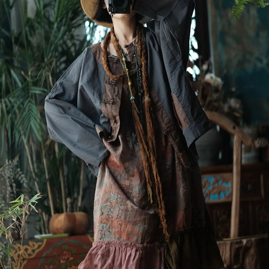 Damen-Langarmshirt im Retro-Stil, Strickjacke, Patchwork, Leinenstoff, ausgewaschen, farblich abgestimmt, Vintage-Grau, lockere Passform, lässig So ist Leben