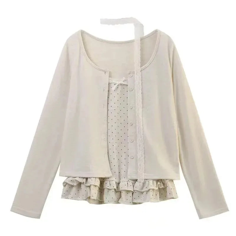 Herbst Französisch Elegante Sexy Coquette Tops frauen Y2k Elegante Streetwear T Shirt Bogen Spitze Patchwork Schlank Süße Tees So ist Leben