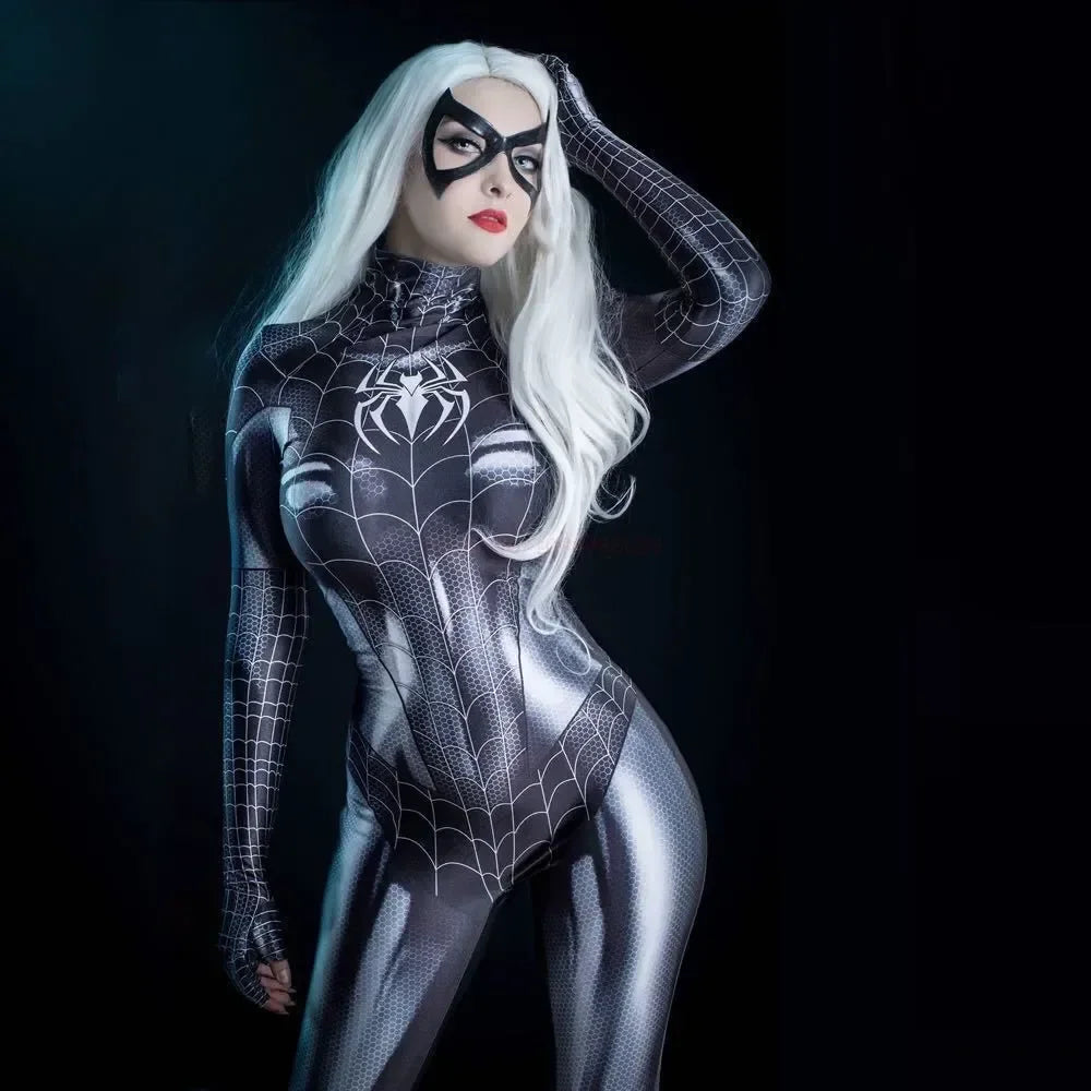 Sexy schwarze Katze Superheld Cosplay Kostüm für Spinne Frauen Halloween Kostüm Weihnachten eng 3D-Druck Jumpuit Bodysuit Mädchen So ist Leben