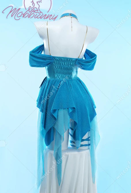 MOBBUNNY Damen Bloom Derivative Sexy Dessous-Kleid, tief ausgeschnitten, unregelmäßiges blaues Kleid mit Ärmeln, Halsband, Cosplay-Kostüm So ist Leben