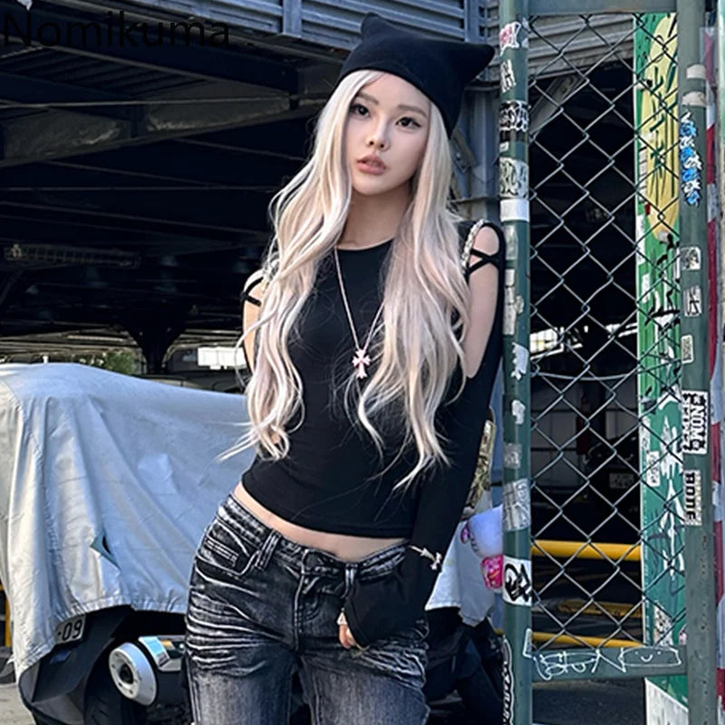 Crop Tops T-shirts für Frauen Oansatz Langarm Schwarz Tees Mode Lässig Koreanische Camisetas Y2k Top Aushöhlen Sexy Sommer T-shirt So ist Leben