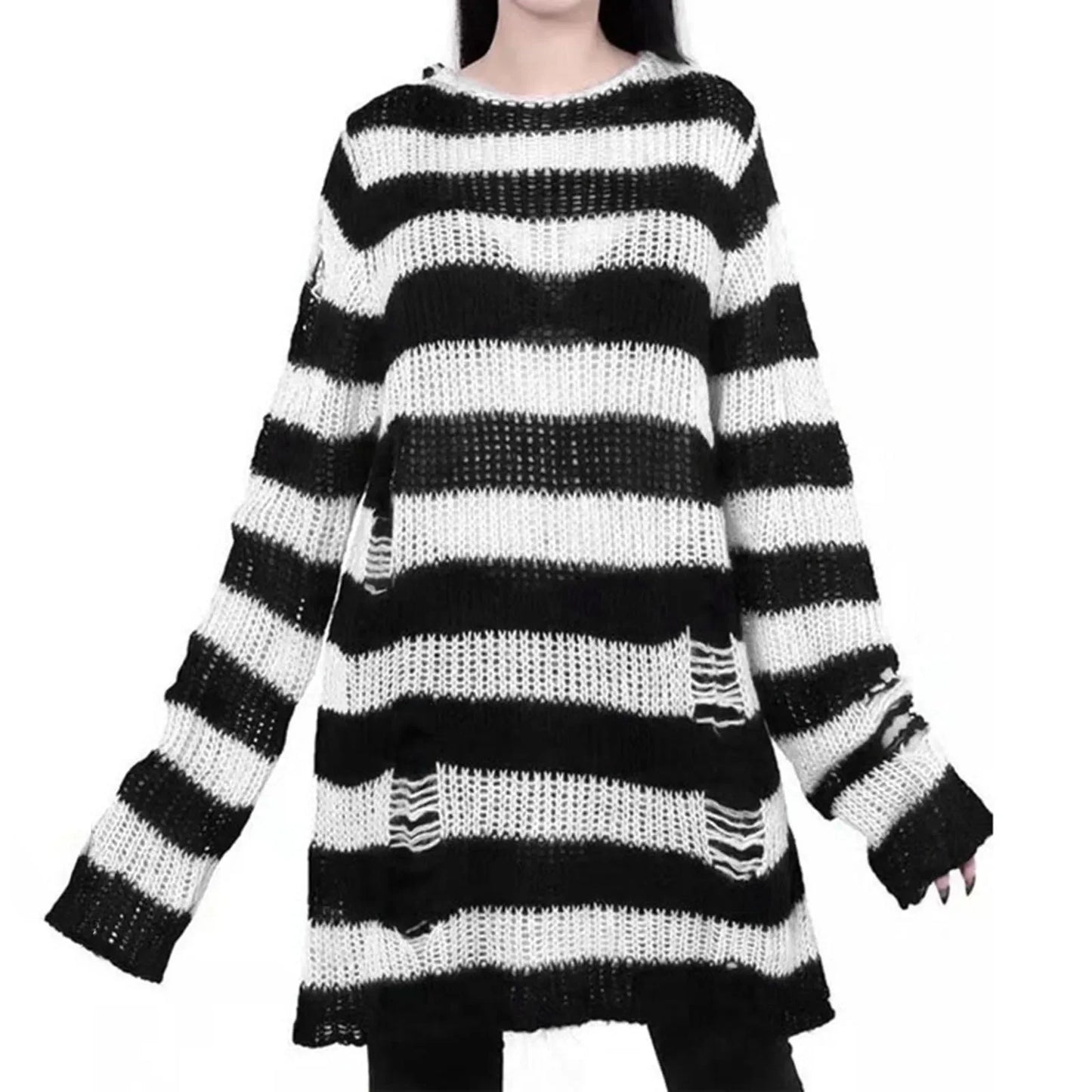 Goth Punk Gothic Pullover Übergroße Pullover Frauen Gestreiften Cool Aushöhlen Loch Gebrochen Jumper Harajuku Ästhetik Pullover So ist Leben