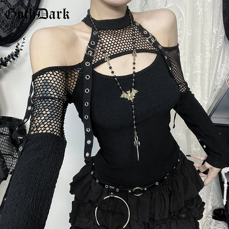 Goth Dark Punk Grunge Fishnet Patchwork Off Schulter T-shirts Trim Mais Strap Halter Tops Herbst Mall Gothic Streetwear T-shirt So ist Leben