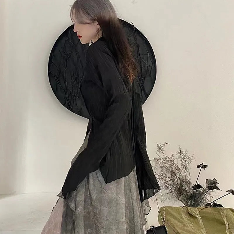 Karrram Gothic Schwarz Hemd Yamamoto Stil Dark Ästhetischen Bluse Frauen Unregelmäßigen Designer Kleidung Emo Alt Kleidung Grunge Tops Y2k So ist Leben