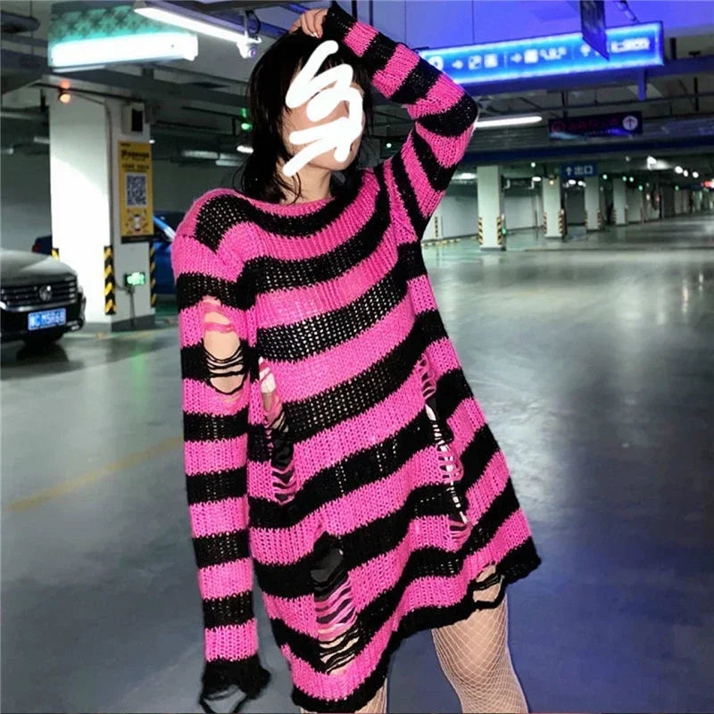 Goth Punk Gothic Pullover Übergroße Pullover Frauen Gestreiften Cool Aushöhlen Loch Gebrochen Jumper Harajuku Ästhetik Pullover So ist Leben