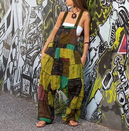 2024 Damen neuer Hip-Hop-Overall, heißer Stil, Hippie-Nähte, ethnischer Druck, ärmellos, lockere Haremtasche, Overalls, Grün So ist Leben