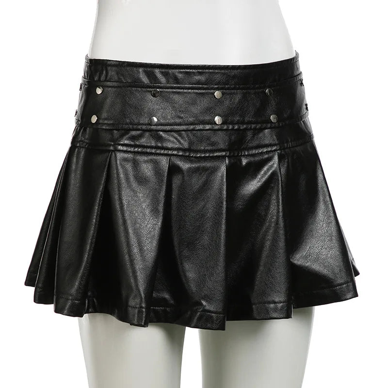 Goth Dark Punk Stil Niet Faux Pu Leder Falten röcke 90er Jahre Grunge Streetwear Frauen Einkaufs zentrum Gothic Drop A-Linie Minirock Reiß verschluss So ist Leben