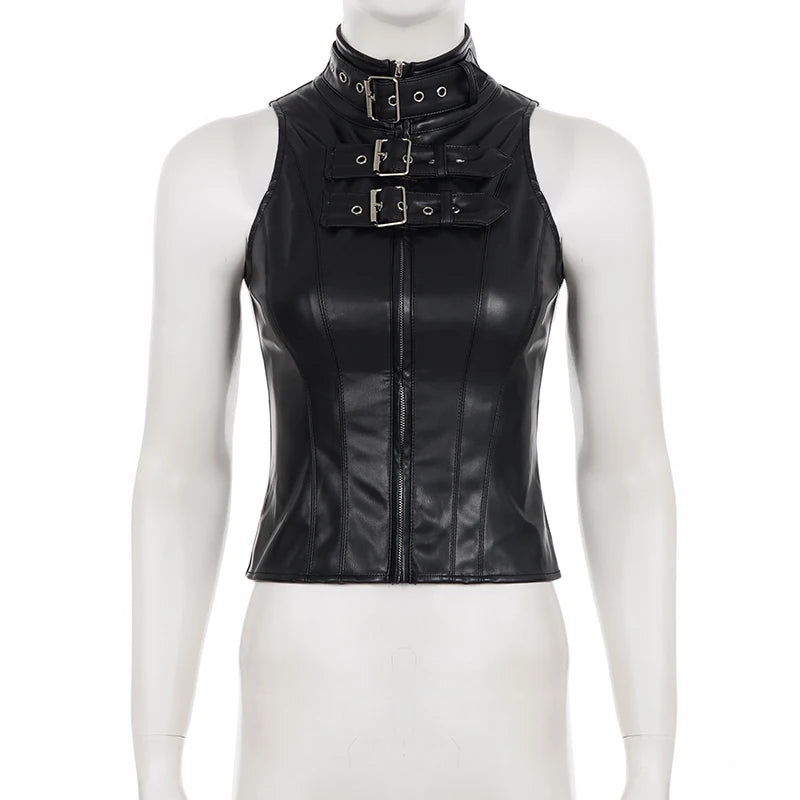 SUCHCUTE Retro Punk Pu Leder Weste Mit Hülse Abdeckung Frauen Gothic Schwarz Ärmelloses Rollkragen Top Y2k Metall Dekorative Kleidung So ist Leben