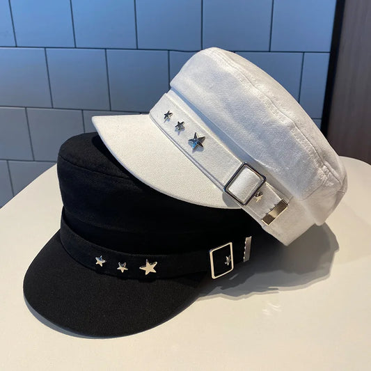 Frauen Baskenmütze Schwarz Stern Hut Frühling und Herbst Winter Britischen Retro Mode Neue Meer Militärischen Stil Koreanische Kappen mutter hüte So ist Leben