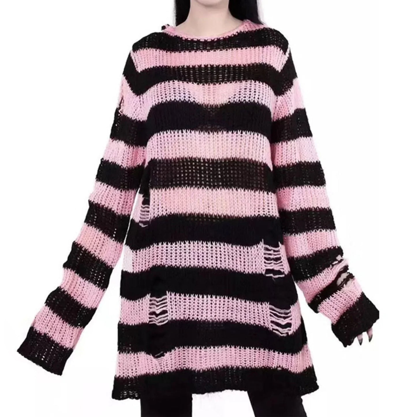 Goth Punk Gothic Pullover Übergroße Pullover Frauen Gestreiften Cool Aushöhlen Loch Gebrochen Jumper Harajuku Ästhetik Pullover So ist Leben