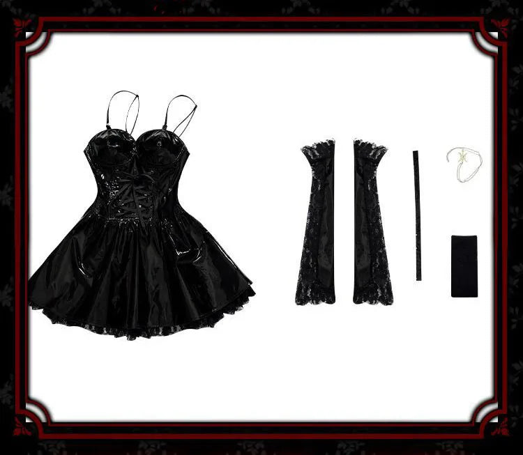 Misa Amane Cosplay Kostüm Perücke Kunstleder Sexy Kleid Halskette Spitze Ärmel Strümpfe Frauen Uniformen Anime Outfits