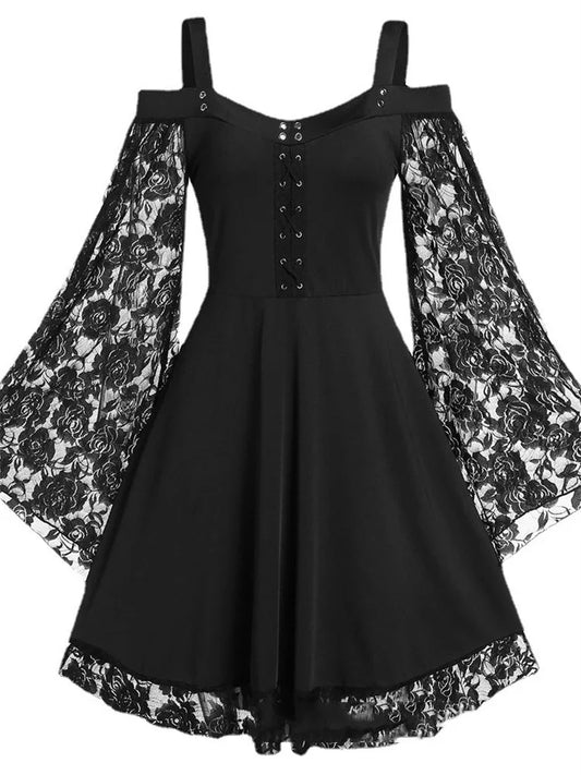 2022 neue Gothic Eine-schulter Spitze Nähte Ausgestellte Ärmel Kleid Literarischen Vintage Herbst Grunge Schwarz A-line Kleid Punk Party So ist Leben
