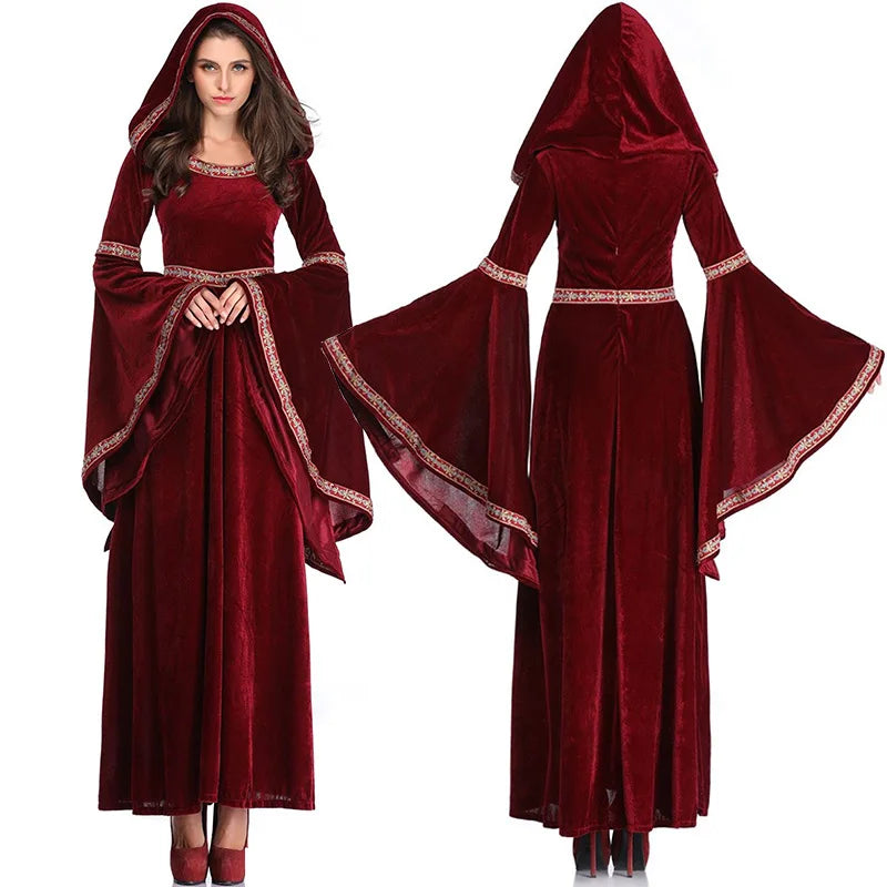 Mittelalter liches Retro viktoria nisches Kleid für Frauen Halloween Party Vampir Hexen kostüm Gothic Red Flare Ärmel Kapuze langes Kleid Vestidos So ist Leben