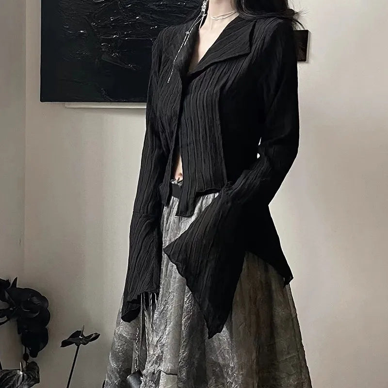 Karrram Gothic Schwarz Hemd Yamamoto Stil Dark Ästhetischen Bluse Frauen Unregelmäßigen Designer Kleidung Emo Alt Kleidung Grunge Tops Y2k So ist Leben