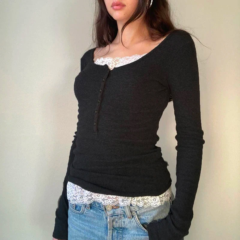 00er Jahre Retro Cottage Grunge T-Shirt Herbst gerippt gestrickt Langarm Slim Fit T-Shirts Y2K Fee 90er Jahre Vintage V-Ausschnitt Crop Tops Damen So ist Leben