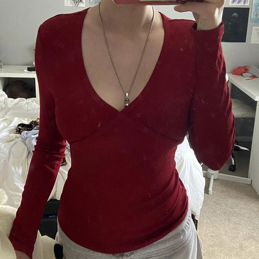 00er Jahre Retro Cottage Grunge T-Shirt Herbst gerippt gestrickt Langarm Slim Fit T-Shirts Y2K Fee 90er Jahre Vintage V-Ausschnitt Crop Tops Damen So ist Leben