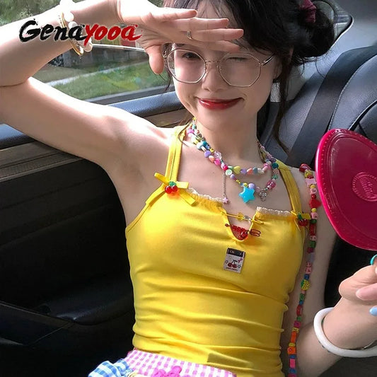 Genayooa y2k Vintage Tanktops schnüren rücken freie Camis Tops Streetwear 1920er Jahre japanische Fairycore Neck holder Tops Sommer Party Wear So ist Leben
