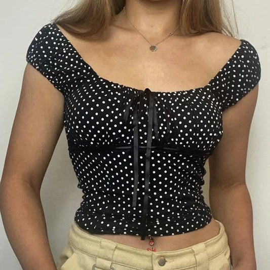 Teen Girl 00er Retro süßes T-Shirt mit quadratischem Kragen Polka Dot Milkmaid Baby Tees Coquette Vintage Cap Sleeve Crop Tops Y2k Tank Weste So ist Leben