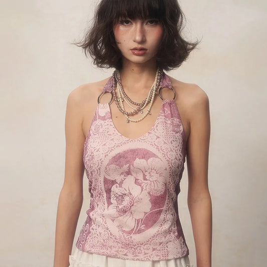Karrcat japanische y2k Neck holder Tops Grunge Ästhetik lila Tank Top Vintage Harajuku Blumen druck Leibchen rücken frei 2000s Retro - So ist Leben