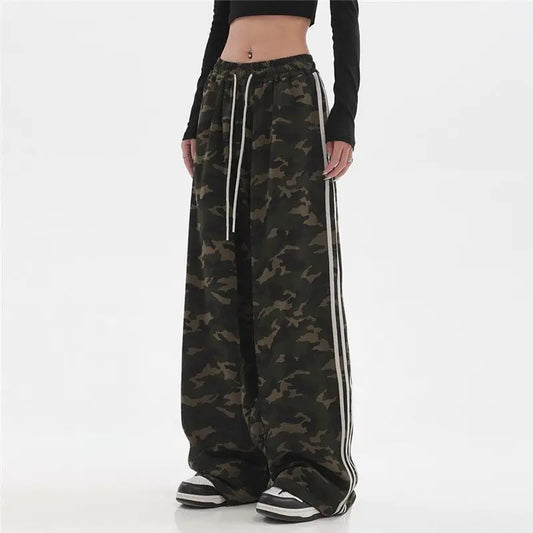 Hip Hop Vintage Tarnung gestreifte Jogging Jogging hose Frauen Streetwear übergroße elastische Taille weites Bein lässige Sport hose So ist Leben