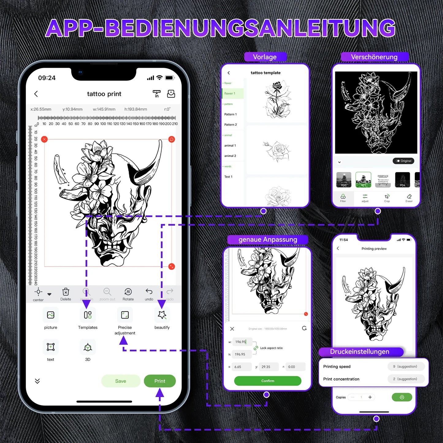 PeriPage P90 Thermo-Tattoo-Schablonendrucker, kabellose Tattoo-Maschine mit 5 Stück kostenlosem Transferpapier – kompatibel mit Telefon und PC So ist Leben