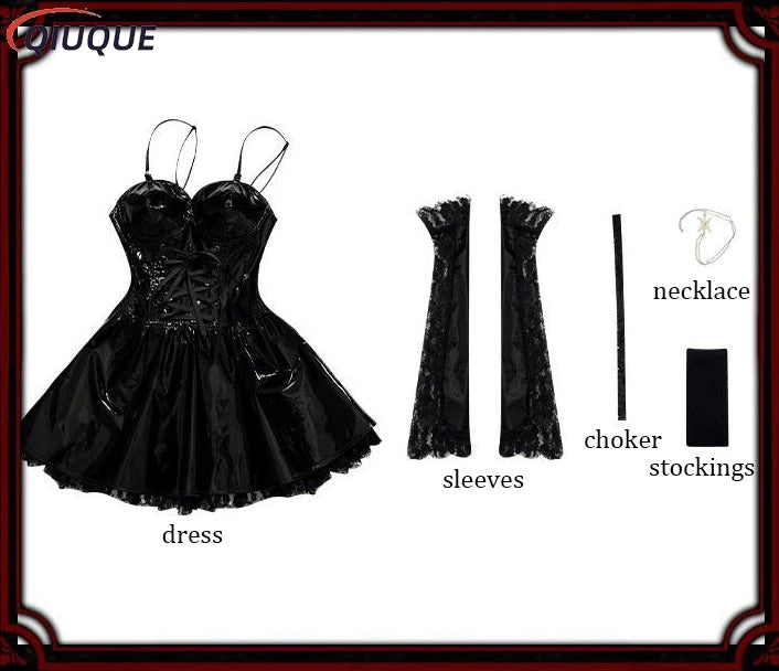 Misa Amane Cosplay Kostüm Perücke Kunstleder Sexy Kleid Halskette Spitze Ärmel Strümpfe Frauen Uniformen Anime Outfits