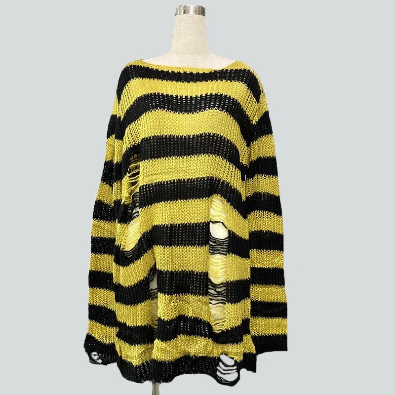 Goth Punk Gothic Pullover Übergroße Pullover Frauen Gestreiften Cool Aushöhlen Loch Gebrochen Jumper Harajuku Ästhetik Pullover So ist Leben