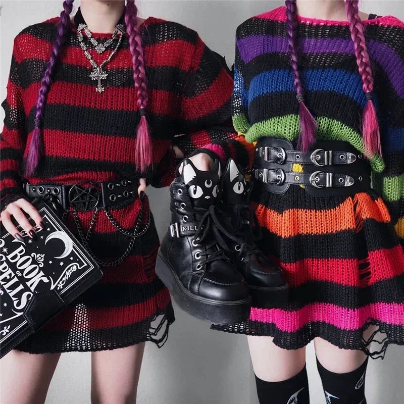 Goth Punk Gothic Pullover Übergroße Pullover Frauen Gestreiften Cool Aushöhlen Loch Gebrochen Jumper Harajuku Ästhetik Pullover So ist Leben