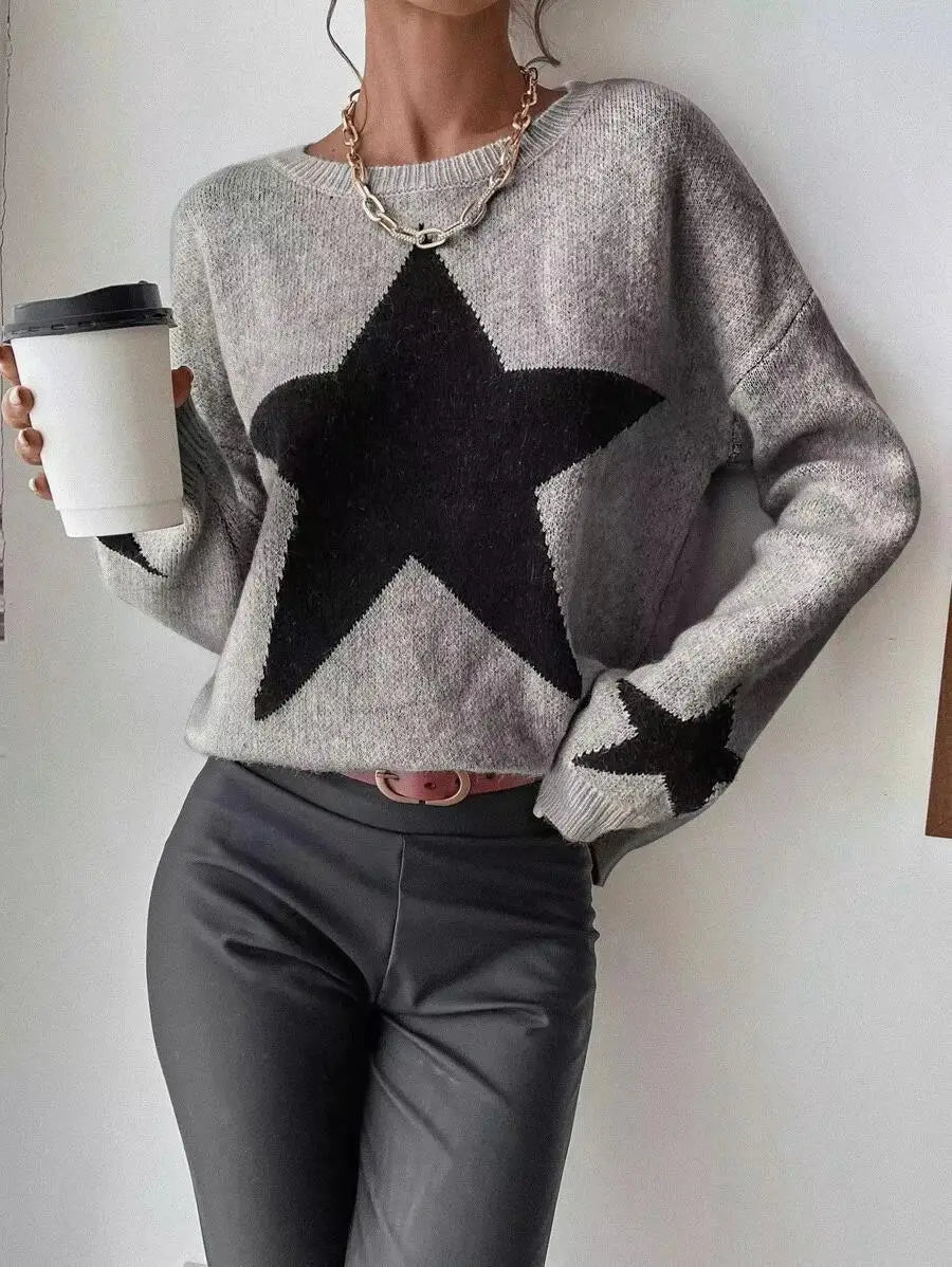 Stern Pullover Pullover Frauen Herbst Frühling Einfache Strick Elastische Pullover Jumper Casual Dicke Warme Schwarz Weiß Grundlegendes Jumper So ist Leben