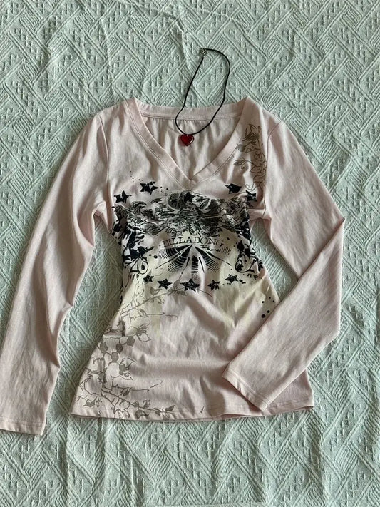Winter Lange Ärmel Y2k Print T-shirt Rosa Frau Kawaii Kleidung 2000s Harajuku V-ausschnitt Casual Weibliche T-shirts Punk Mädchen top Goth So ist Leben
